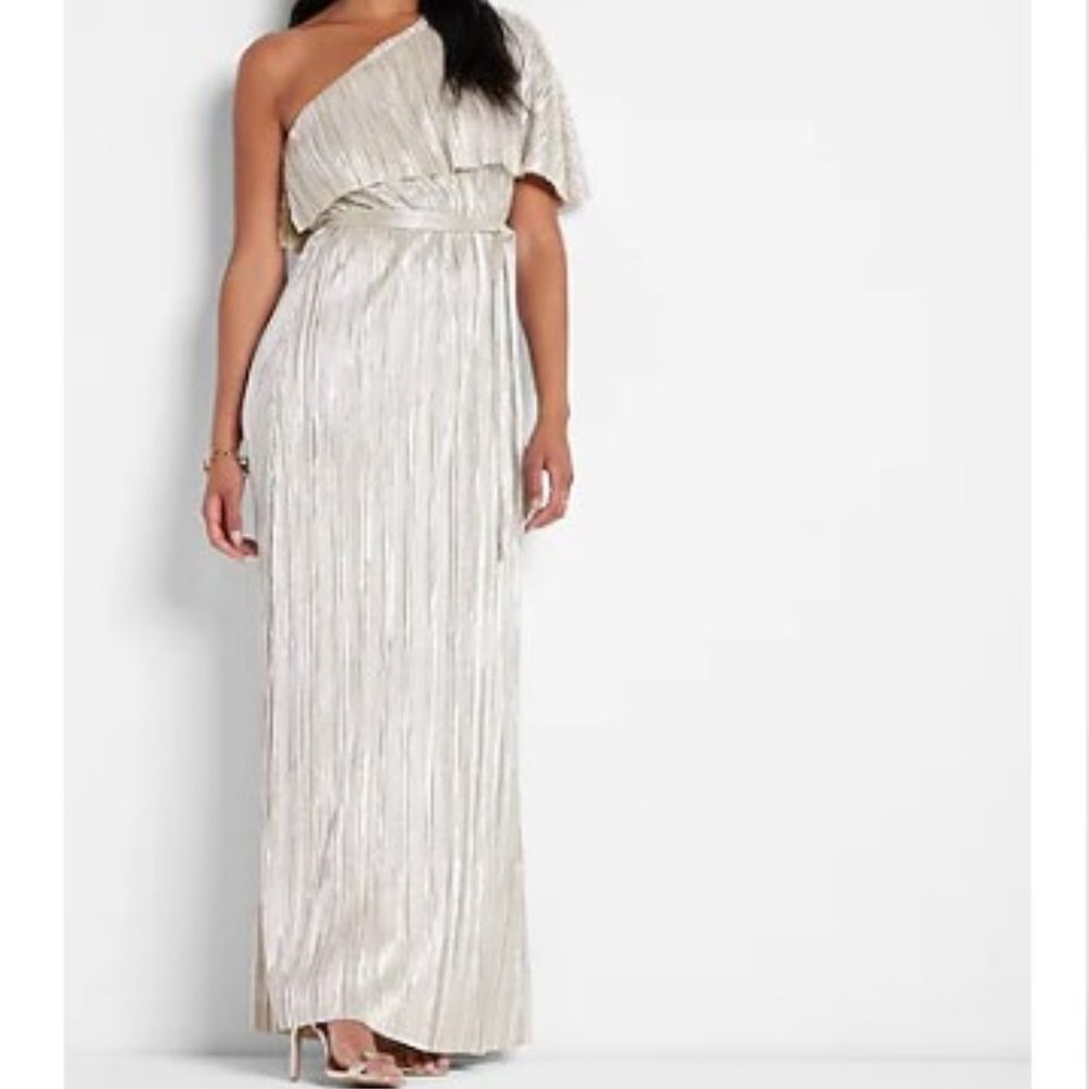 Rachel Zoe Metallic One Shoulder Tie Waist Maxi Dress, Size XL